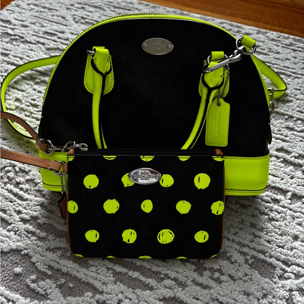 Coach Neon Yellow and Black Polka Dot Bag Set